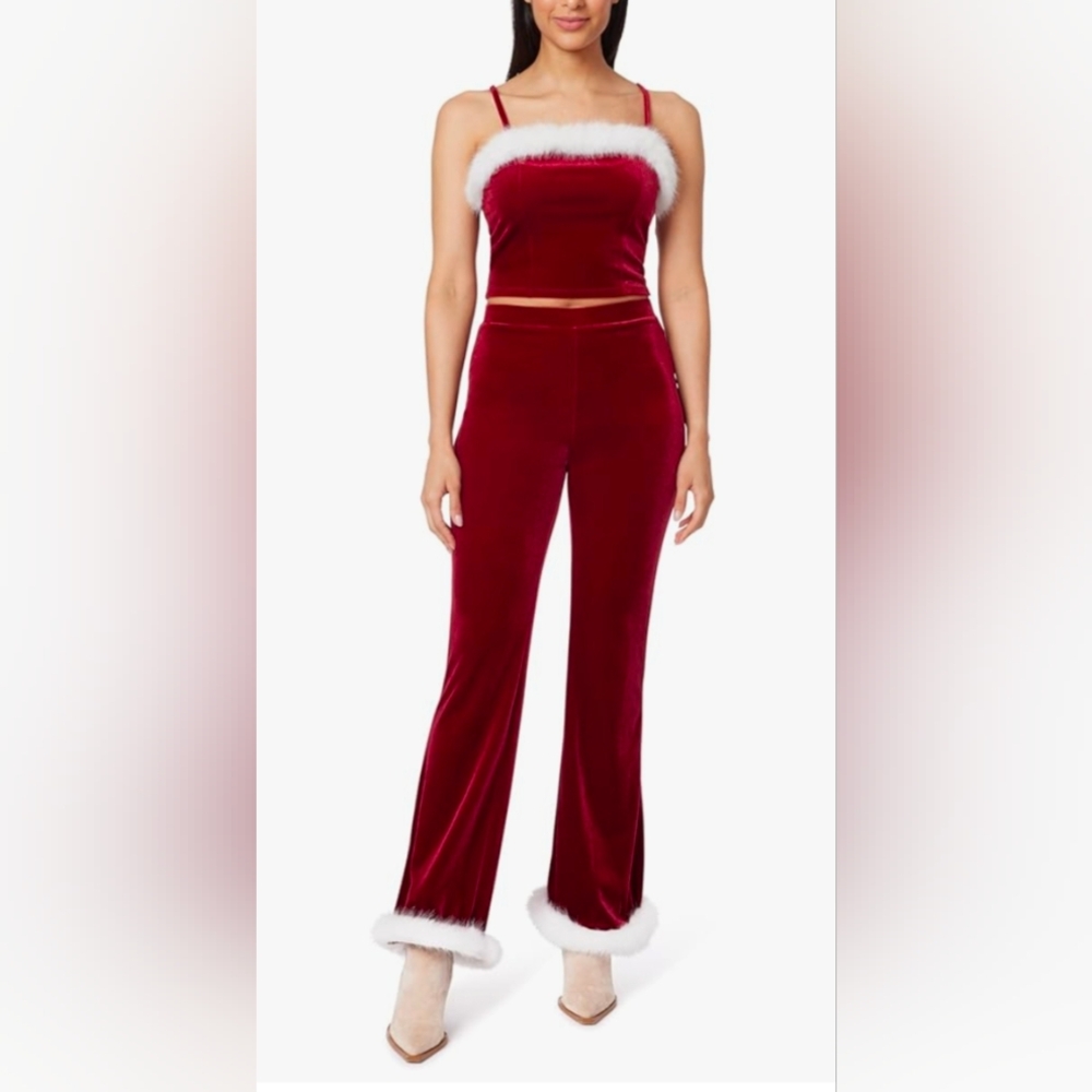 Velvet Santa-Inspired Crop Top & Flared Pants Set - Burgundy with White Trim